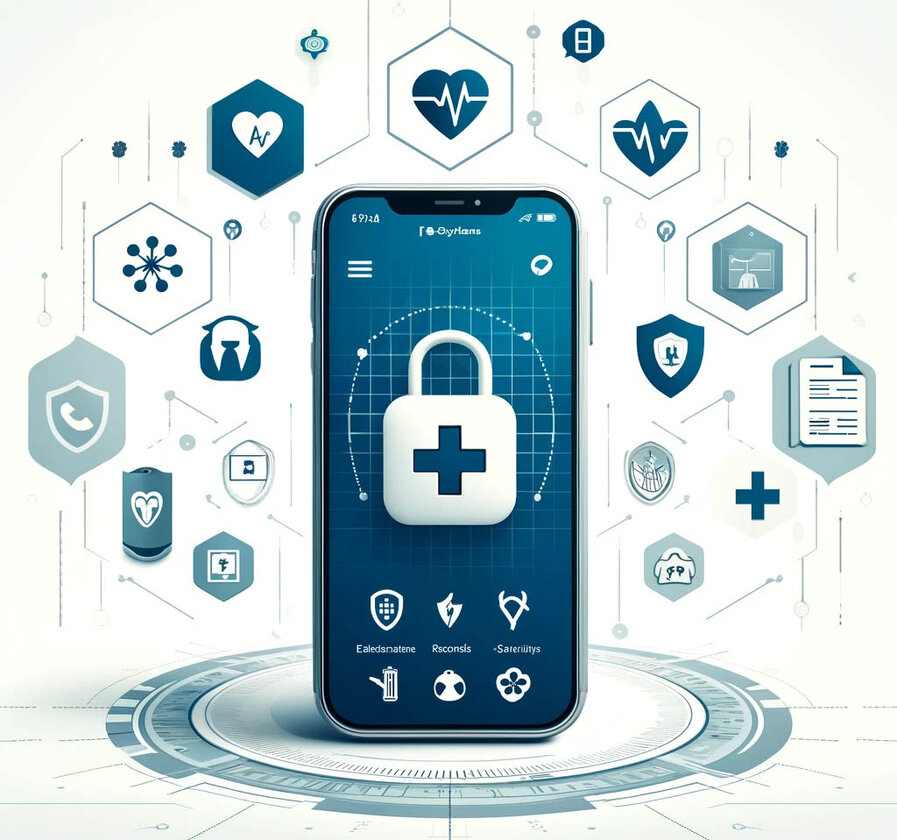 Das Display zeigt ein Sicherheitsschloss mit einem medizinischen Kreuz, umgeben von verschiedenen Symbolen, die digitale Gesundheitsdienste wie elektronische Patientenakten, E-Rezepte und Online-Services darstellen. Im Hintergrund sind weitere Symbole, die den sicheren Zugriff auf Gesundheitsdaten und -dienste betonen. 