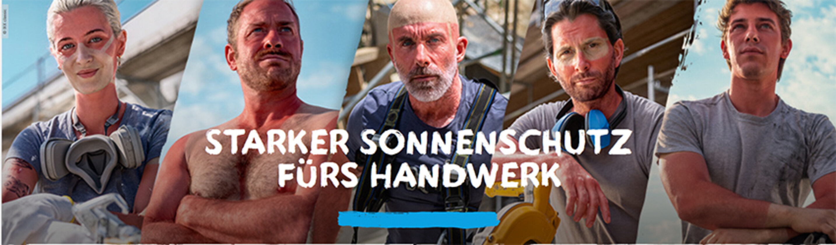 Eine Reihe von Bildern mit Handwerkerinnen und Handwerkern, die alle sonnenverbrannte Gesichter haben.