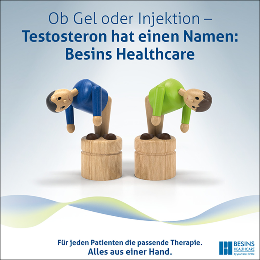 Das Anzeigenmotiv ziegt zwei Knickmännchen, die für den "Durchhänger bei Testosteronmangel stehen. 